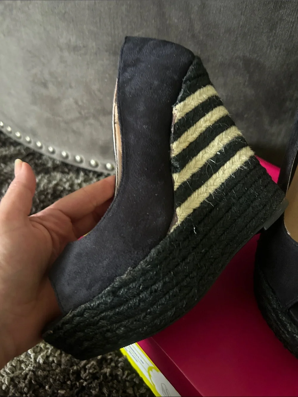 Charlotte Russe Black Suede Peep-Toe Striped Espadrille Wedges